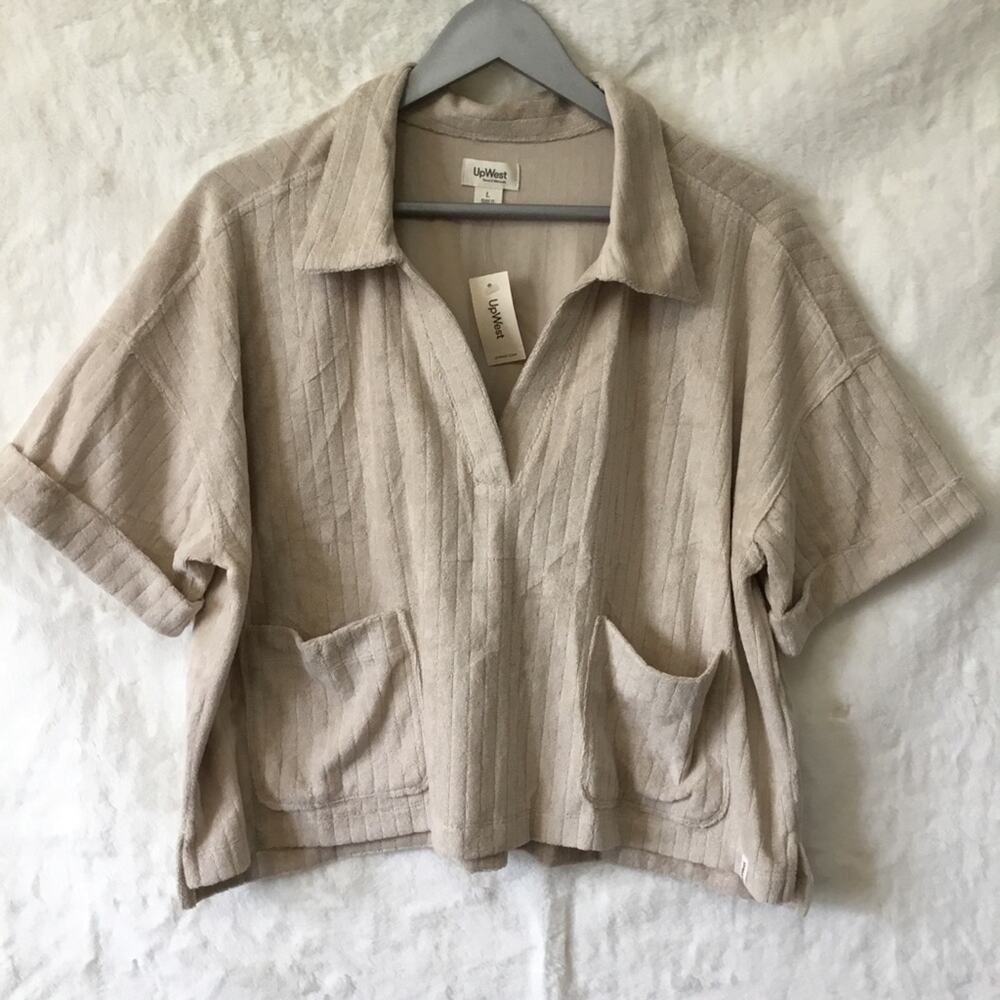UpWest Beige Collared Half Button-Down Short-Sleeve Top